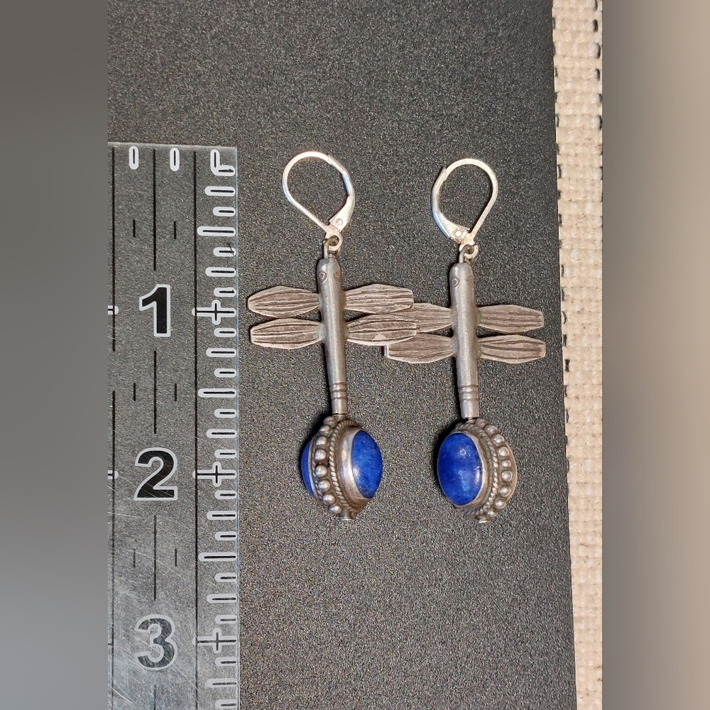 Vintage Sterling Silver Lapis Dragonfly Earrings Double-Sided Rotating Design - Picture 9 of 11